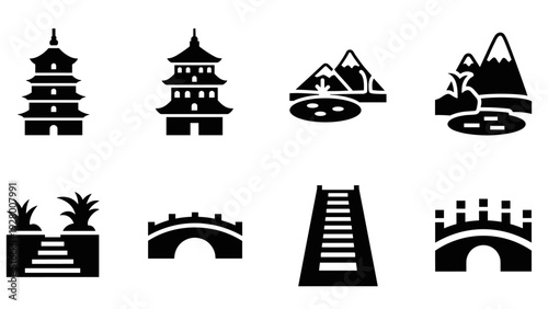set of asian style architecture pagoda landscape mountains stairs and bridges icons in black silhouette