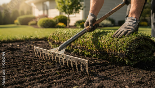Close-up of a person prepare soil and lay fresh green turf rolls for a new lawn. The hand-held rake smooths the dark earth, emphasizing home garden work