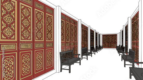 hallway with ornate red and gold traditional decorative doors and black wooden benches hand drawn interior corridor illustration