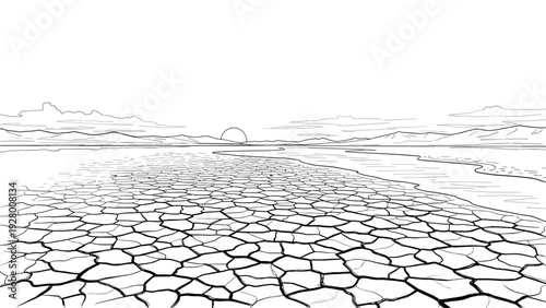 cracked dry earth desert landscape with river and sunset in hand drawn style