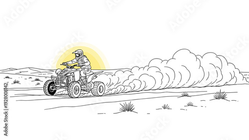 quad bike rider driving on desert terrain with hand drawn smoke trail and sunset landscape