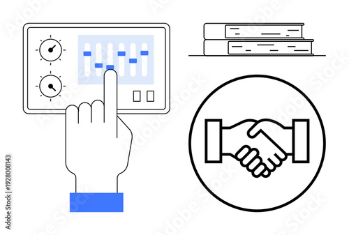 Business management. Control panel, handshake, and books highlight teamwork in business management. Business management supports strategic planning, education, and collaboration. Perfect