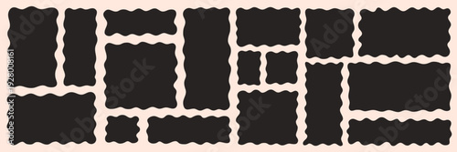 Wavy organic shape frames in square and rectangle formats with soft zigzag edges. Playful doodle boxes and flowing text containers for posters, labels and creative layouts