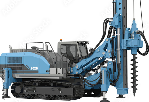 Hydraulic drilling rig machine with auger attachment, heavy construction equipment for foundation piling, industrial engineering machinery vector illustration