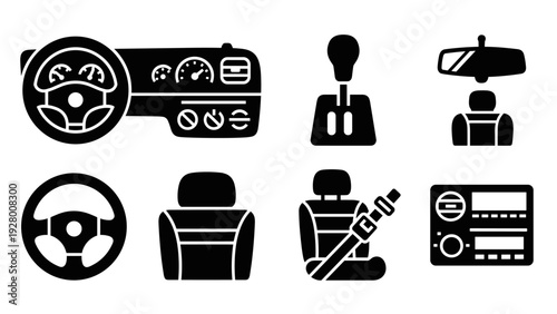car interior dashboard steering wheel seats gear stick and rearview mirror black silhouette icon set