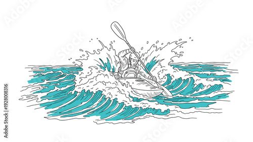 kayaker paddling through splashing waves hand drawn line art illustration with blue water accents