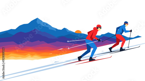 two cross country skiers in colorful sportswear ascending snowy mountain slope with vibrant mountain sunset background flat illustration