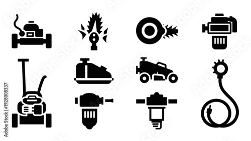 lawn mower and garden tool silhouette icon set in black and white simple style