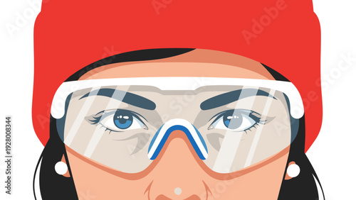 close up of woman wearing red winter hat and ski goggles vector illustration