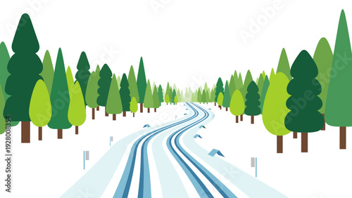 snowy winter forest road with mixed green trees flat vector illustration