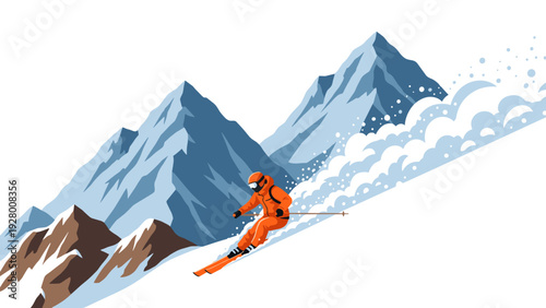 skier in orange outfit skiing downhill in snowy mountains with powder snow in vector style