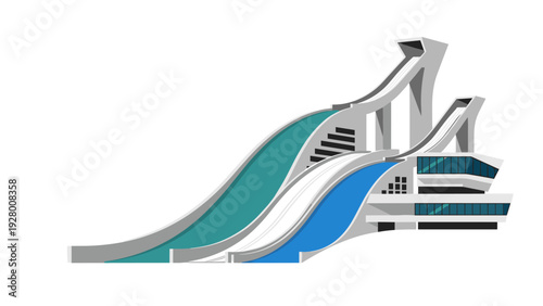 modern ski jump hill illustration with stands and jumps in flat design