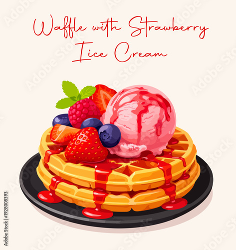 waffle with strawberry ice cream.eps