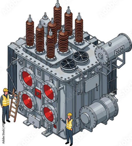 Industrial power transformer with engineers inspection, high voltage electrical equipment, energy distribution system, isometric vector illustration concept