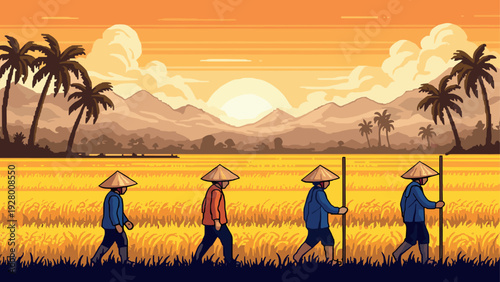farmers walking in rice field with traditional hats at sunset hand drawn agricultural landscape illustration