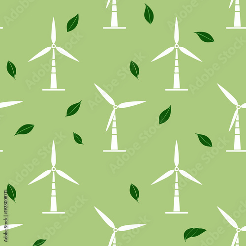 Seamless pattern with wind turbines and green leaves. Renewable energy pattern module ideal for eco-friendly sustainability concept.