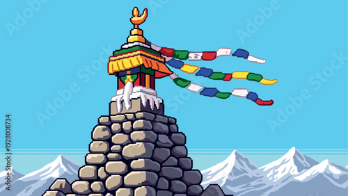 colorful hand drawn prayer flags on stone stupa with snow mountains background pixel art style