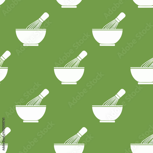 Matcha bowl and whisk seamless pattern on olive green: minimalist tea ceremony icons for café menus, wellness branding  and fabric design.