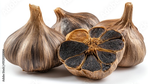 Dark-hued garlic heads, one halved, on white background