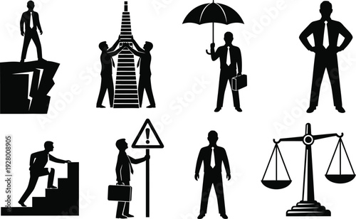 Business professionals navigating challenges and achieving balance in a corporate environment from various perspectives