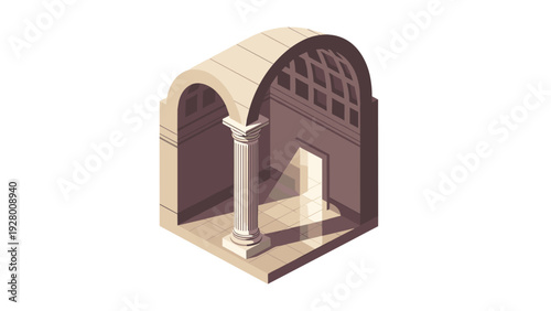 isometric classical architectural column with arched ceiling and sunlight effect minimalistic vector illustration