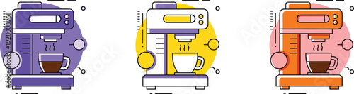 Modern coffee machine brewing hot espresso in colorful flat design style, kitchen appliance illustration, barista concept, caffeine beverage