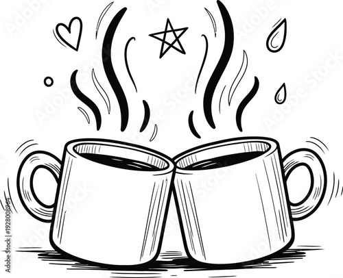 Two coffee cups clinking together with steam rising and hearts floating around them in a whimsical illustration
