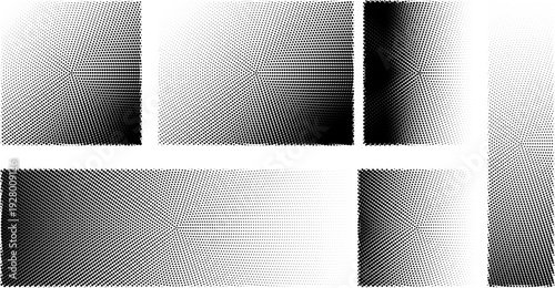 Collection of radial monochrome halftone patterns with smooth dot gradient. Minimalist vector textures for vintage print effects and digital art backgrounds.