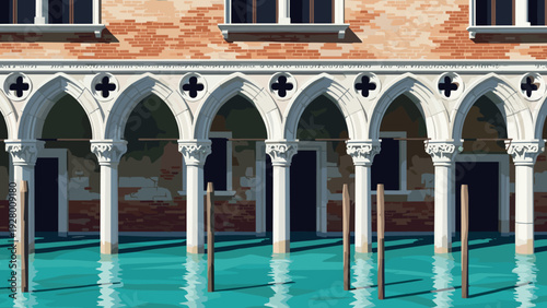 historic building with arched columns and teal water in venice digital illustration