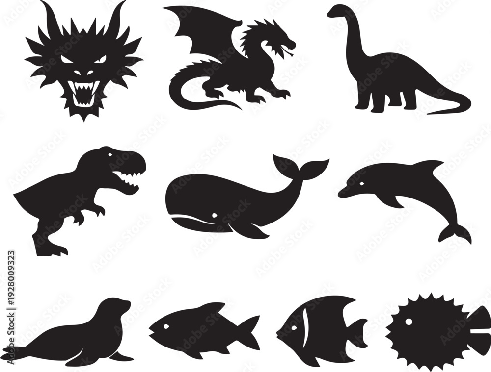 Obraz premium Diverse Animal & Mythical Creature Silhouettes Vector Pack: Dinosaurs, Dragons, Marine Life Icons for Design Projects, Wildlife, Fantasy, and Education