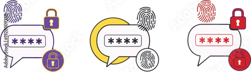 Secure password protection concept with fingerprint authentication and padlock icons, cybersecurity data privacy login verification vector illustration