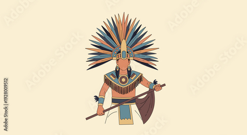 indigenous tribal warrior with feathered headdress and spear hand drawn illustration