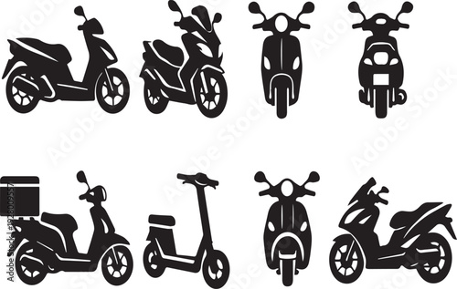 Dynamic Scooter & Moped Silhouettes Vector Set: Modern Urban Transport Icons, E-Scooters & Delivery Vehicles for Web, App & Design Projects