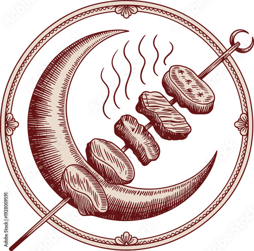 Vintage sausage skewer with crescent moon emblem, engraved butcher logo design, retro monochrome food illustration