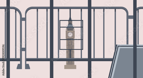 big ben clock tower silhouette behind metal barricade fence flat style london landmark