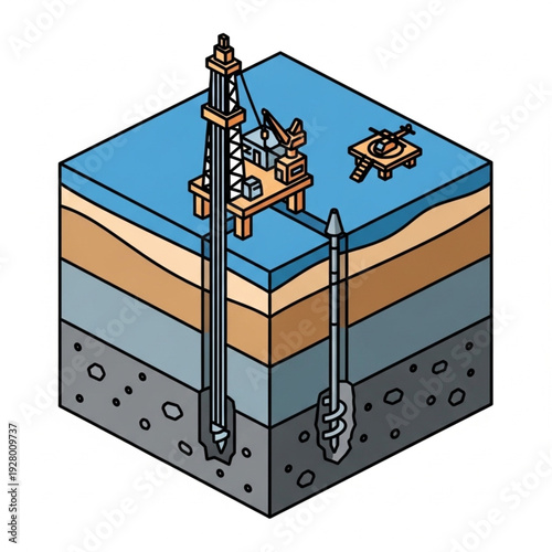 Illustration of an Oil Rig and Drilling Process.