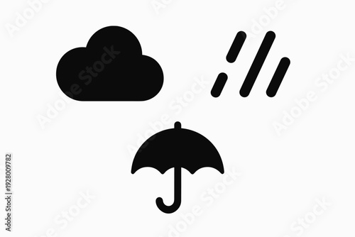 weather icons set cloud rain drops and umbrella silhouette simple design