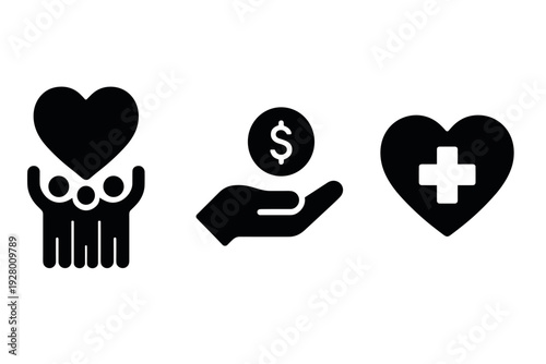 solid black charity care donation and medical heart icons set