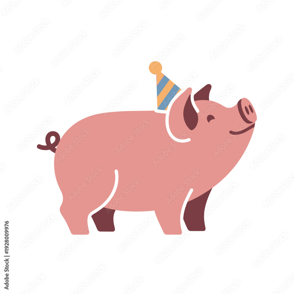 Obraz premium A cute pink cartoon pig wearing a striped party hat, smiling and looking up, celebrating a birthday or special occasion.