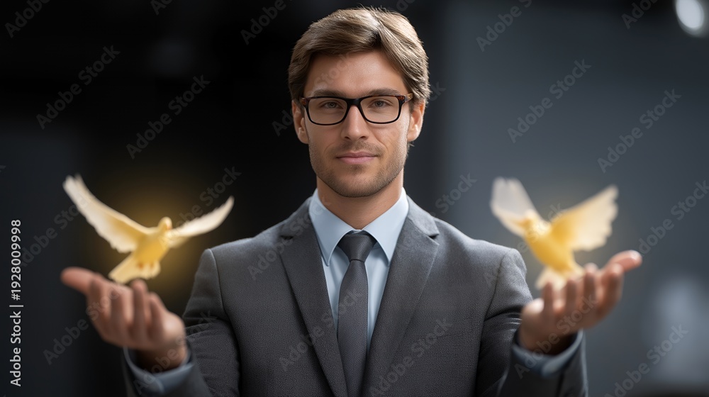 custom made wallpaper toronto digitalTranslator standing between two arguing world leaders transforming angry words into peaceful glowing doves, perfect for linguistic hero concept, communication superpower, peace building heroism,