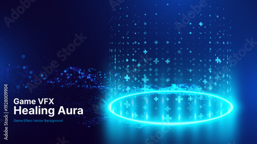 Level Up and Healing Aura Game Effect. Portal Lighting and Bright VFX Aura. Glowing Neon Energy. Teleport Circle Effect. Vector Illustration. 