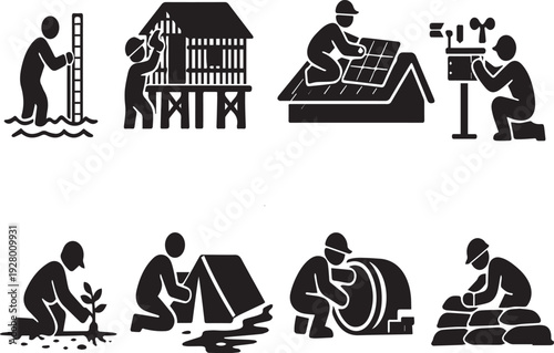 Environmental Solutions & Disaster Preparedness Icons: Sustainable Living, Climate Change Adaptation, Green Technology, Water Management, and Community Action Pictograms for Modern Challenges