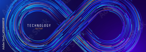 Digital Data Flow Infinity Blockchain Sign. Block Chain Crypto Currency Tech Concept. Tech Science Art Vector Illustration.