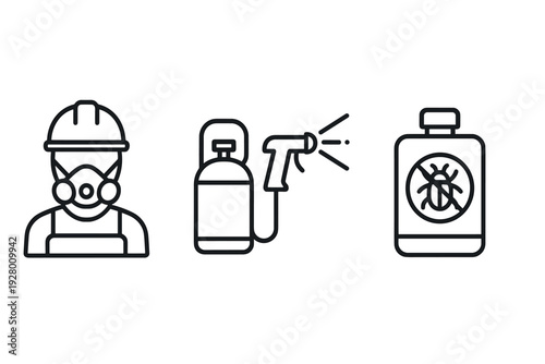 pest control worker with mask and spray equipment hand drawn line art icons set