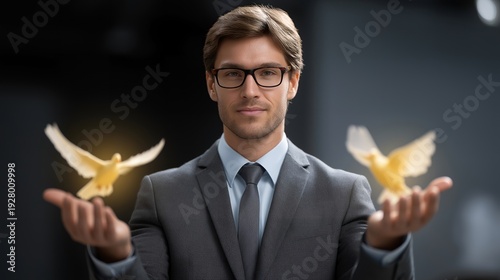 Wallpaper Mural Translator standing between two arguing world leaders transforming angry words into peaceful glowing doves, perfect for linguistic hero concept, communication superpower, peace building heroism, Torontodigital.ca