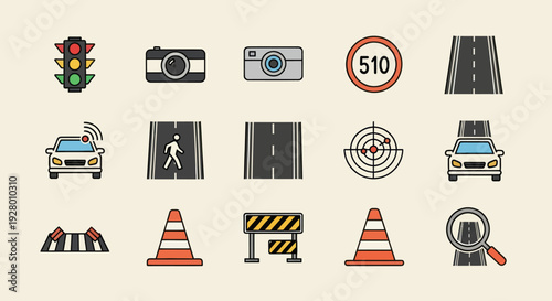Collection of Road and Traffic Related Icons with Various Symbols and Elements.