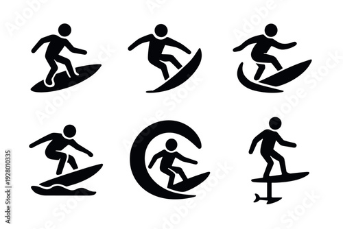 set of hand drawn surfing icons with surfer silhouettes in different surfing poses and styles