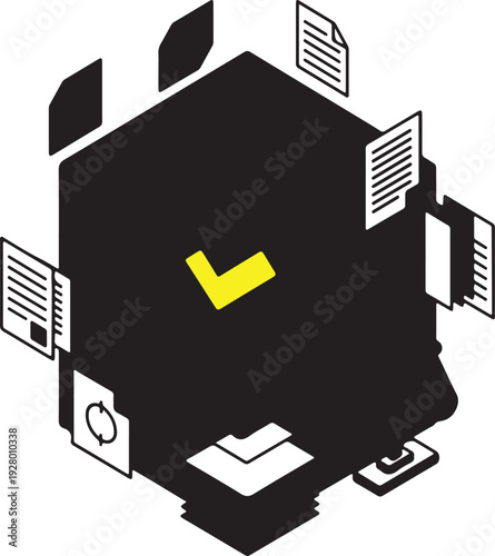 Black cube with yellow checkmark isolated on transparent background