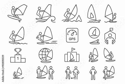 hand drawn windsurfing icons collection with sports elements and navigation symbols