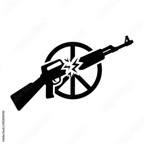 Black and white graphic of a broken assault rifle over a peace symbol, representing anti-war and disarmament.